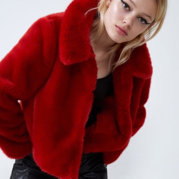 zara red fur jacket